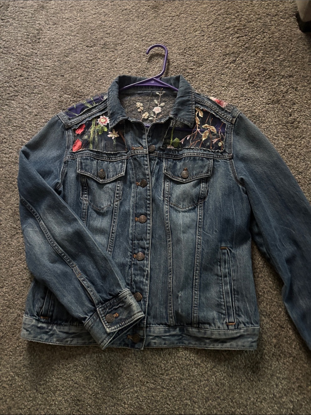 Boho Denim Jean Jacket: Embroidered Floral Lace Size L New
